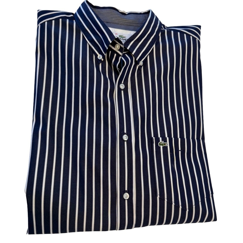 LACOSTE FRANCE MENS Button Down SHIRT BLUE WHITE STRIPE CROC 100% COTTON 45 XL